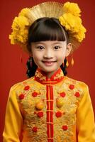 AI generated Studio portrait of happy asian girl wear traditional chinese costume on red background, Happy chinese new year. photo