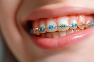 AI generated Close up shot of colored orthodontic braces on girl's teeth photo