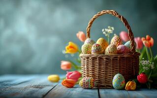 AI generated Tulips Interwoven with Easter Eggs in a Basket photo