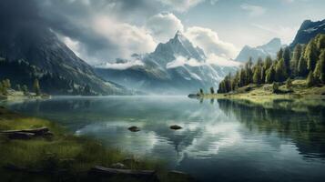 AI generated Lake and mountain landscape in natural light photo