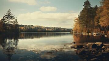 AI generated Lake landscape with green trees and blue sky photo