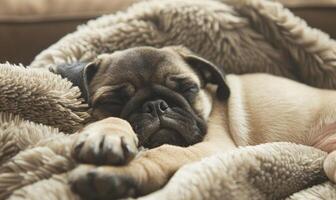 AI generated Sleepy pug puppy curled up in a soft bed photo