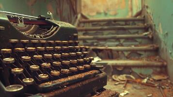 Old typewriter on a decrepit stairway. Vintage typewriter on dilapidated steps. Concept of abandoned places, nostalgia, vintage design, and storytelling photo