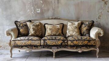 Vintage Ornate Sofa with Floral Pattern Cushions in Rustic Setting Indoors photo