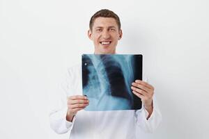 Man caucasian physician specialist coat radiologist background person medicine looking care clinic photo
