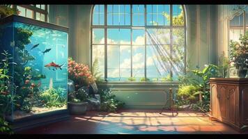 interior de el habitación con acuario y hermosa ver en el ventana. digital pintura ilustración con dibujos animados o anime estilo. video