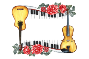 le Cadre est musical avec guitares, piano clés, violon et rouge des roses. le aquarelle illustration est fabriqué par main. pour affiches, prospectus et invitation cartes. pour salutation cartes et certificats. png