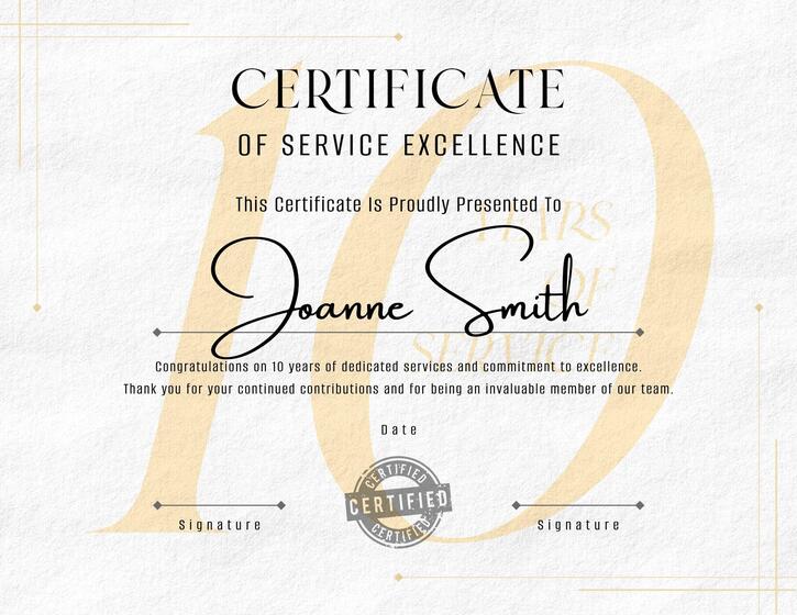 Minimalist 10 Years of Service Award Certificate