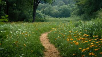 A quiet pathway through a meadow filled with wildflowers photo