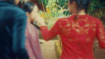 Women in traditional attire walking in rural setting video