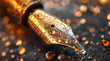 A closeup of a fountain pens fine nib glistening with tiny droplets of shimmering bronze ink video