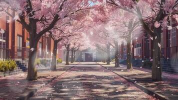 Fluid anime school background with cherry blossom trees, in the style of cartoon, pastel colors, high resolution, high detail, high quality video