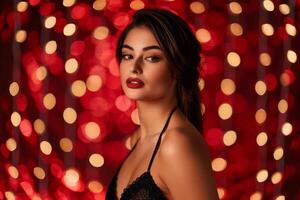 Glamorous Portrait Featuring Red Carpet Background Exuding Luxury and Elegance photo