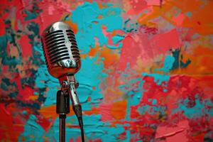 Vintage microphone against a colorful abstract painting backdrop photo