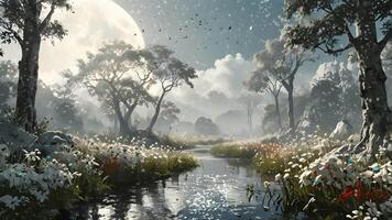 A serene night landscape with a full moon illuminating a calm river, surrounded by white flowers and silhouetted trees. The scene exudes tranquility and natural beauty. video