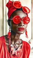 Striking and Stylish African Inspired Fashion Portrait with Vibrant Red Accents photo