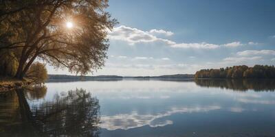 Calm lake reflecting blue sky and clouds. photo
