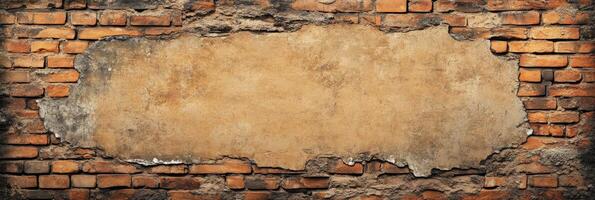 A weathered brick wall with an uneven, rough surface and a blank area perfect for text or creative designs. This setting is ideal for showcasing messages or unique artwork in a vintage, rustic style photo