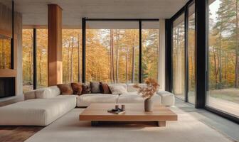 Elegant living room with light wood coffee table and panoramic windows, autumn forest view photo