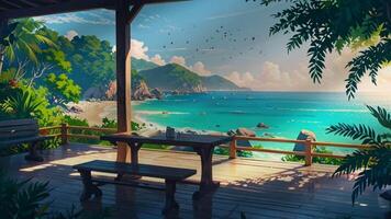 A serene beach scene with a picnic table under a tree, overlooking turquoise waters and rocky shores. The setting is peaceful and inviting, perfect for a relaxing day by the sea. video
