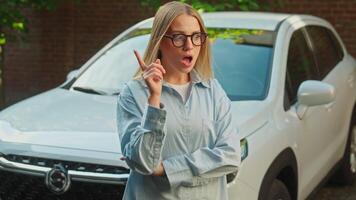 caucasiano mulher pensando idéia apreciar animado menina Novo carro compra teste dirigir automóvel fêmea comprador renda serviço empresária aspirações concessionária inspiração contemplação planejamento transporte auto video