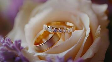 wedding ring set with beautiful white roses photo