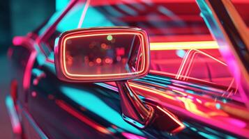 A closeup of a side mirror with a distinct and unique neon accent adding a cool and trendy vibe to the clic vintage car it is attached to photo