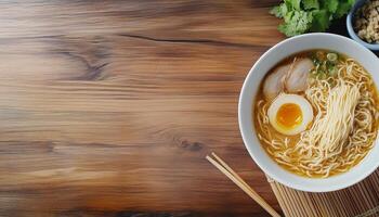 Ramen noddle with egg slice, chicken homemade for lunch on white bowl photo