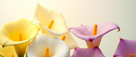 Closeup of Colorful Calla Lilies with Bright Yellow Spathe photo