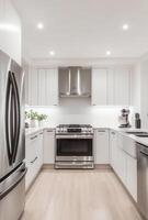 Minimalist kitchen with clean lines, white cabinets, and stainless steel appliances, creating a spacious look photo