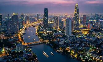 Aerial view of illuminated city skyline at dusk. video