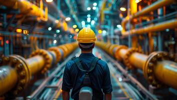 A man in a yellow helmet stands in front of a yellow pipe. Concept of caution and safety, as the man is wearing a hard hat and a harness photo
