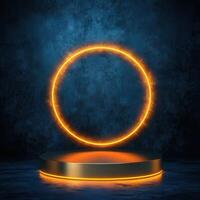 Gold glowing circle on a pedestal with a dark background photo