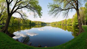 A serene peaceful landscapescapes spring scene showcasing fisheye reflections of trees overlooking a tranquil lake and flowing river photo
