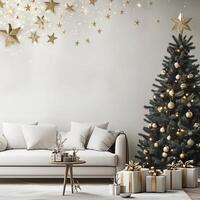 Elegant Christmas living room with decorated tree, gold stars, gift boxes, and cozy white sofa in minimalist style photo