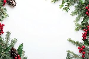 Festive garlands featuring pinecones and bright red berries are arranged on a clean, solid background, perfect for holiday decorating and celebration themes during the festive season. photo
