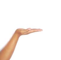 asking hand gesture with open palm an isolated white background. to ask something. pointing to copy space photo