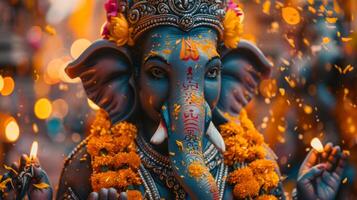 Lord black Ganesha statue with festive light and marigold flower for worship in celebration Ganesh Chaturthi festival of Hindu photo