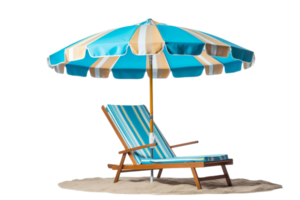 une bleu et Jaune rayé plage parapluie est séance sur le le sable suivant à une salon chaise. le parapluie est ouvert et fournit ombre pour le chaise. le scène transmet une détendu et tranquille atmosphère png