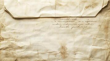 Close-up of Old Crumpled Paper with Handwritten Text photo