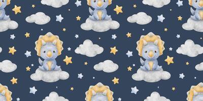 Blue baby dinosaur sitting on cloud, Crescent Moon, stars. Print with triceratops. Watercolor seamless pattern. Background for design kid's goods cards, postcard, fabric, scrapbooking, office supplies vector
