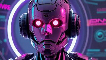 cyborg robot con neon raggiante occhi, che rappresentano futuristico tecnologia e artificiale intelligenza nel un' vivace digitale scena. Questo fantascienza immagini cattura il Evoluzione di cibernetico disegni. video