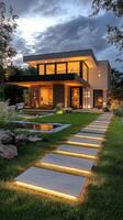Elegant garden pathway illuminated by warm lights during a serene evening at a modern home photo