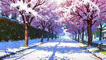 un sereno calle forrado con Cereza florecer arboles en lleno floración, su rosado pétalos contrastando con el cubierto de nieve suelo y de madera cerca, creando un pintoresco y tranquilo invierno escena video