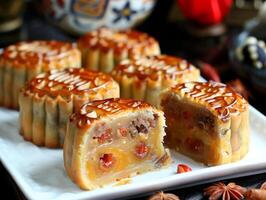 Try these exquisite Vietnamese mooncakes with a golden crust and a variety of fillings like nuts and sweet fruits. They are perfect for celebrations and gifting during the MidAutumn Festival photo