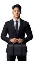 confidente joven empresario en un traje con maletín, aislado en un transparente fondo, representando profesionalismo y ambición. png