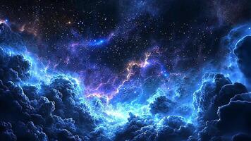 sbalorditivo in profondità spazio Visualizza con illuminato nuvole e scintillante stelle, in mostra il bellezza di il universo nel etereo blues e verdi. video