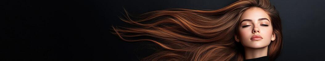Flowing auburn hair cascades gracefully against a dark background photo