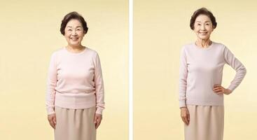 Cheerful elderly woman in pastel clothing on neutral background for lifestyle and diversity concepts photo