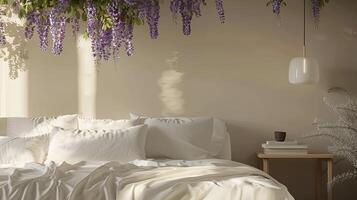 A bedroom with a bed and white sheets photo